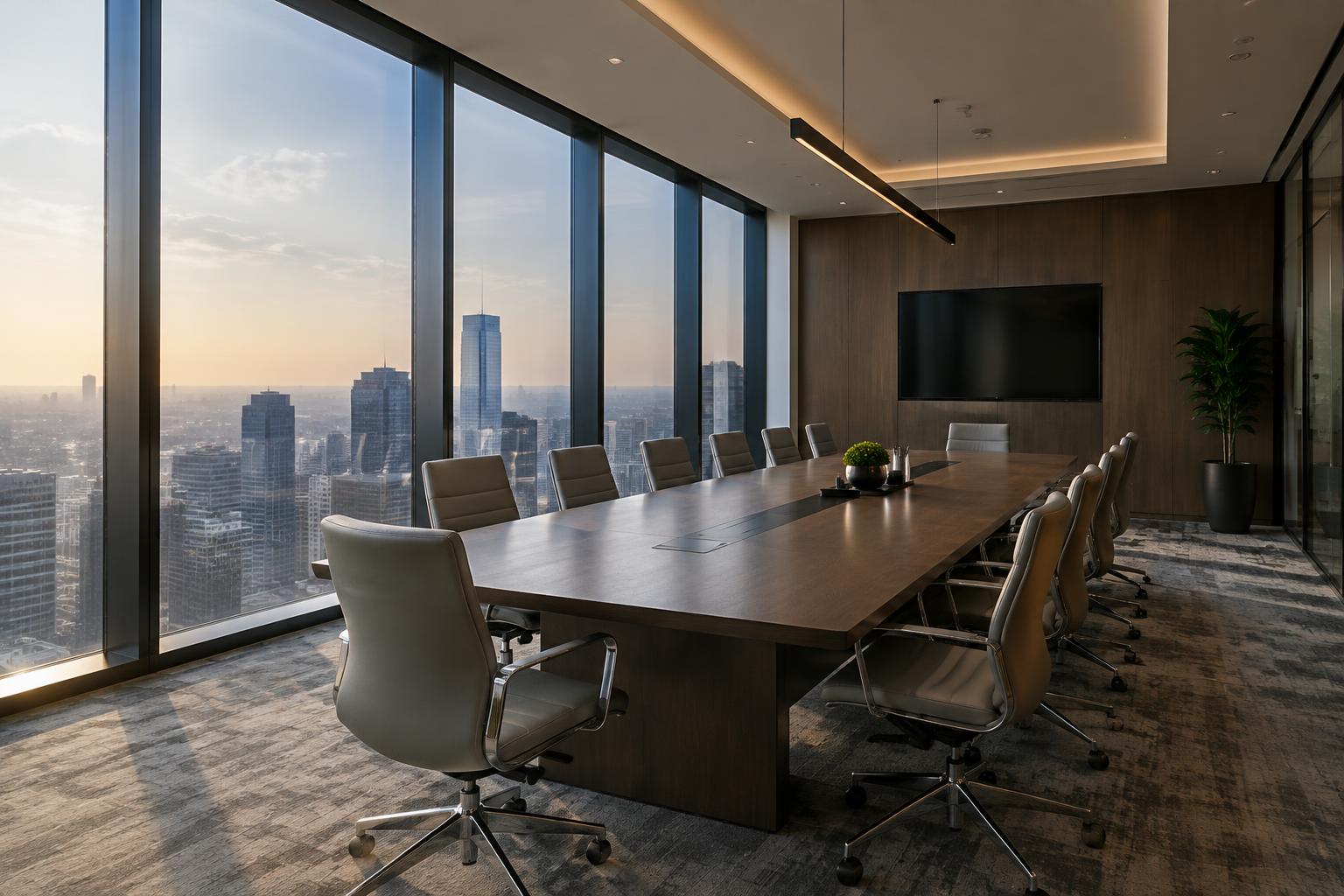 Conference room with floor-to-ceiling tinted windows over a city