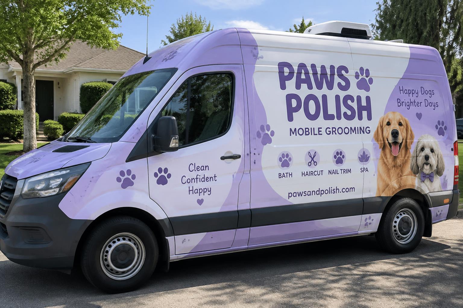 Pet grooming van with lavender full wrap and illustrated dogs