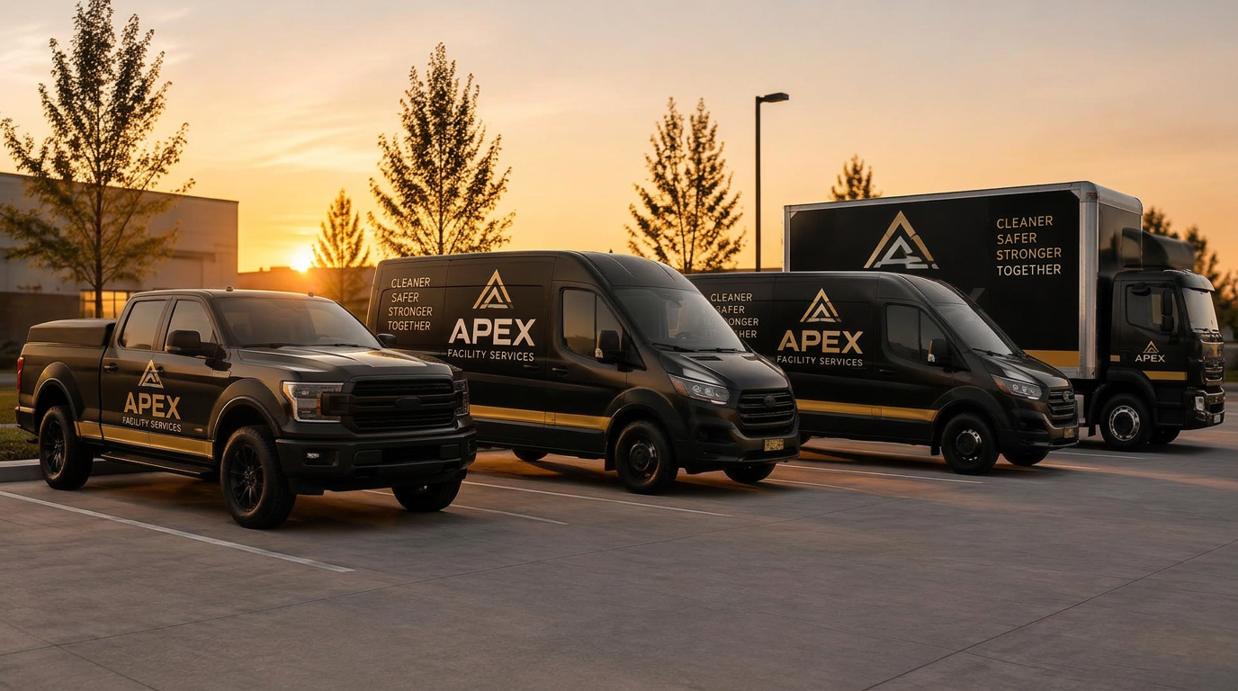 Coordinated fleet of pickup, vans and box truck with matching black and gold branding