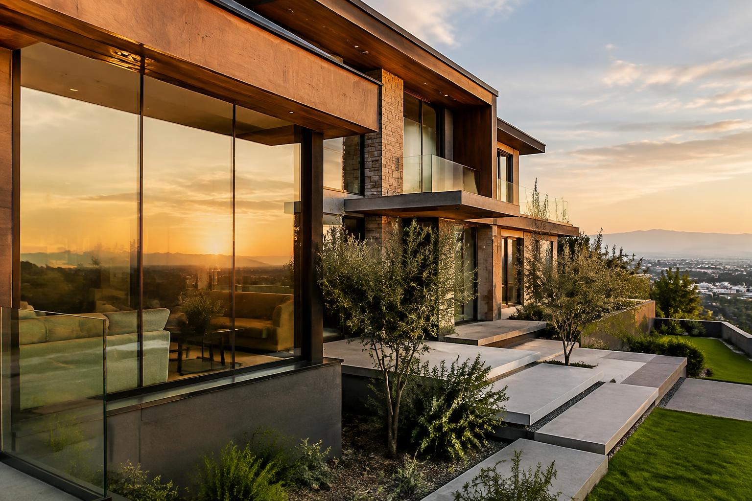 Modern hillside home with large tinted windows at sunset