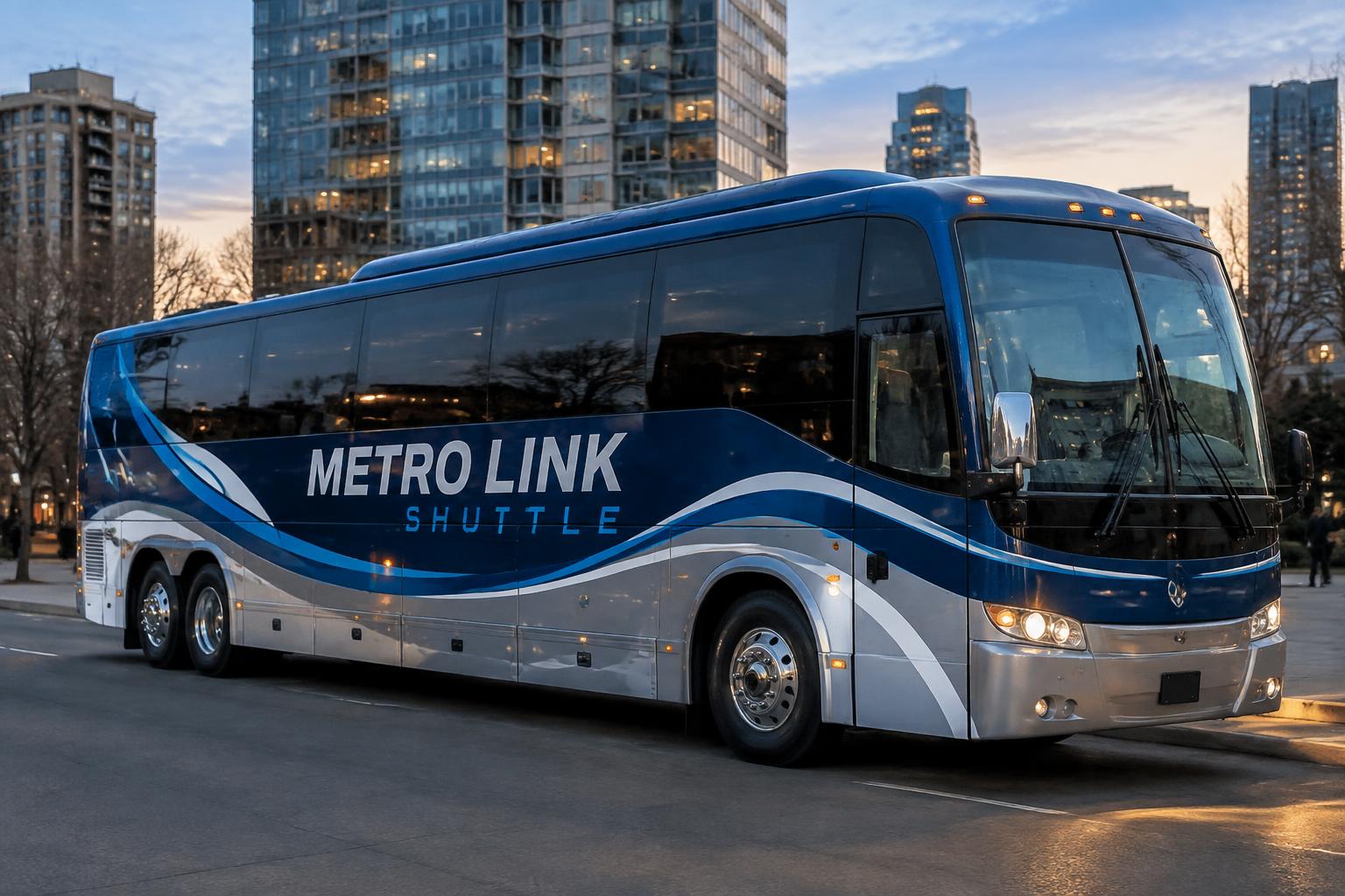 Passenger shuttle bus with blue and silver wrap
