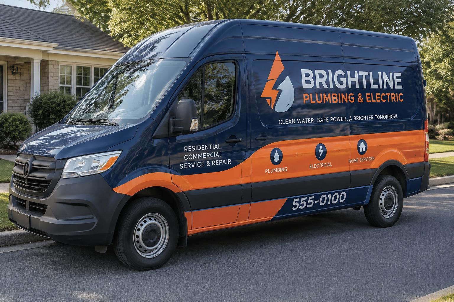Plumbing and electrical service van with navy and orange partial wrap