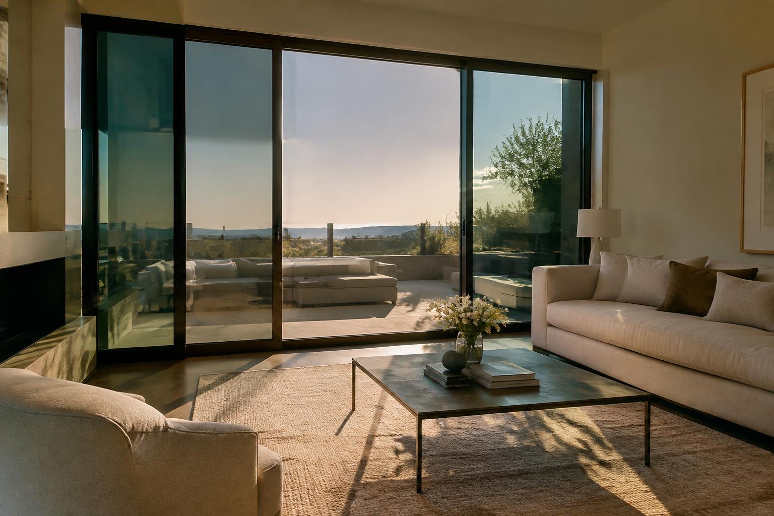 Living room with sliding glass doors and softened afternoon sun